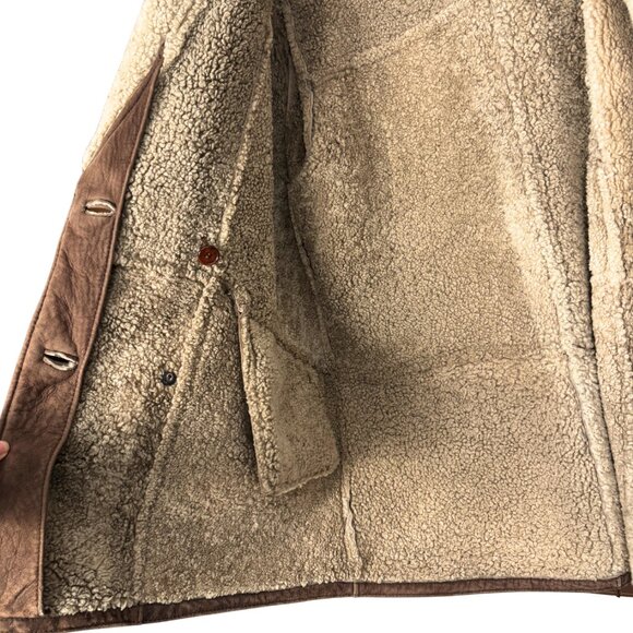 Vintage Brown Sheepskin Coat – 90s Shearling Aviator Jacket Hammer Leather - Picture 9 of 12